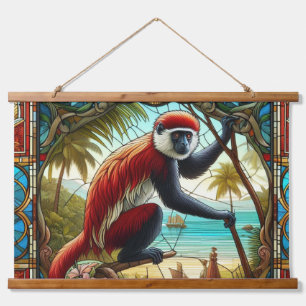 ROTES KOLOBUS-MONKEY, WALL TAPESTRY WANDTEPPICH MIT HOLZRAHMEN