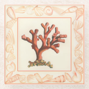 Rotes Korallenriff mit Conch-Muschel-Grenze Glasuntersetzer