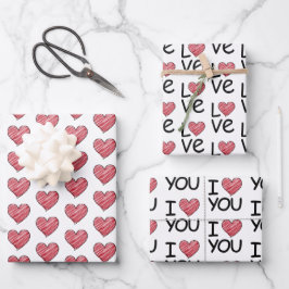 Rotes Kritzelherz und Ich liebe dich Schrift Muste Geschenkpapier Set