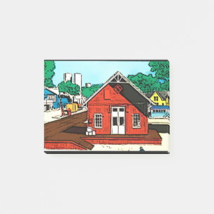 Rotes Lagerschuppen an der Eisenbahn Post-it Klebezettel