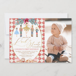 Rotes Land der Süßigkeiten Nutcracker Foto Geburts Einladung