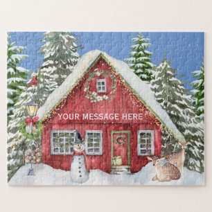 Rotes Landhaus Schnee-Urlaubsszene Personalisiert Puzzle