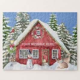 Rotes Landhaus Schnee-Urlaubsszene Personalisiert Puzzle
