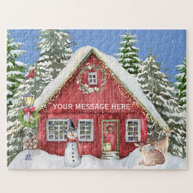 Rotes Landhaus Schnee-Urlaubsszene Personalisiert Puzzle (Von Creator hochgeladen)