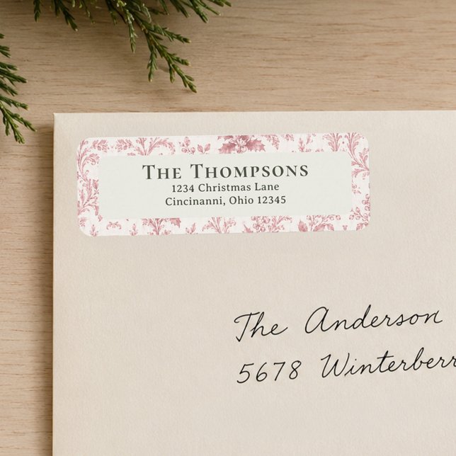 Rotes Laub Weihnachts-Rücksendeadresse Custom (Elegant Christmas return address labels with red foliage and personalized family details.)