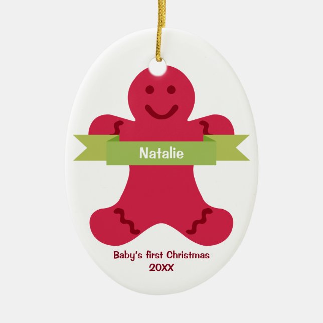Rotes Lebkuchen Kind Grüne Banner Name Baby zuerst Keramikornament (Vorne)