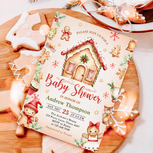 Rotes Lebkuchenhäuschen Weihnachts-Baby-Party Einladung