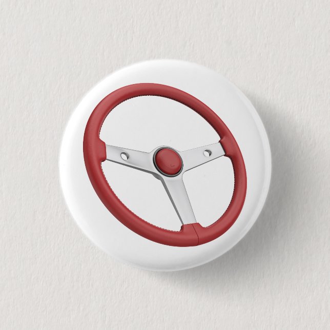 Rotes Leder-Lenkrad eines Oldtimers Button (Vorderseite)