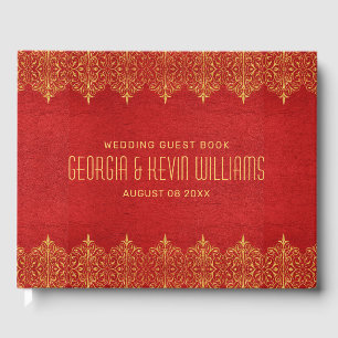 Rotes Leder und Vintages Gold Spitzenband Gästebuch