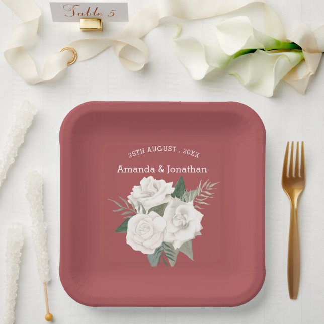 Rotes Leder und Weiße Rosen Hochzeit Pappteller (Hochzeit)