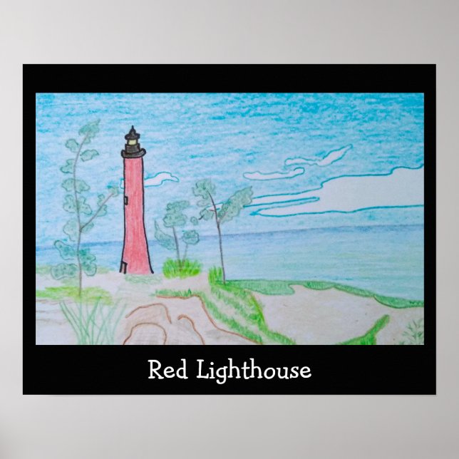 Rotes Leuchtturmhaus am Strand Poster (Vorne)