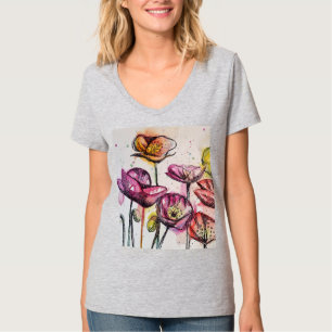Rotes Lila rosa Mohnblumen Wasserfarben Kunst T-Shirt
