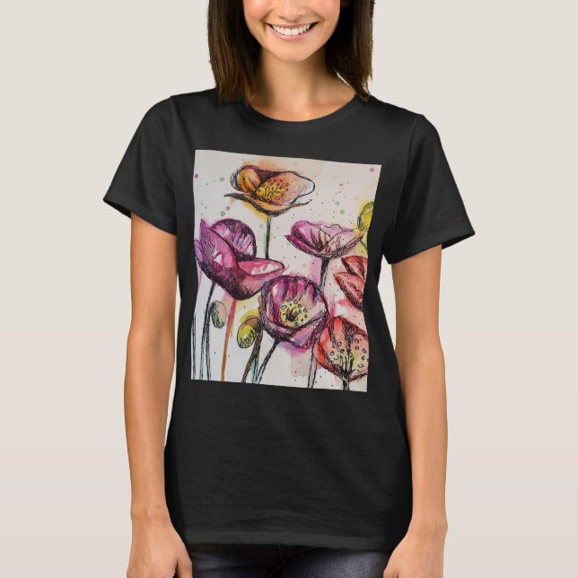 Rotes Lila rosa Mohnblumen Wasserfarben Kunst T-Shirt (Vorderseite)