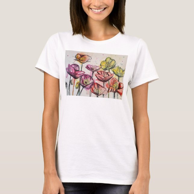 Rotes Lila rosa Mohnblumen Wasserfarben Kunst T-Shirt (Vorderseite)