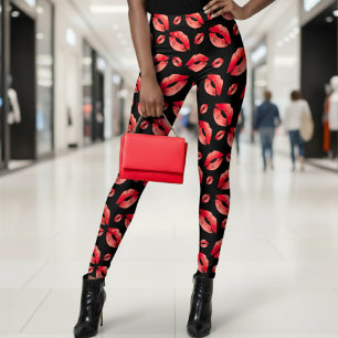 Rotes Lippenmuster Schwarz Leggings