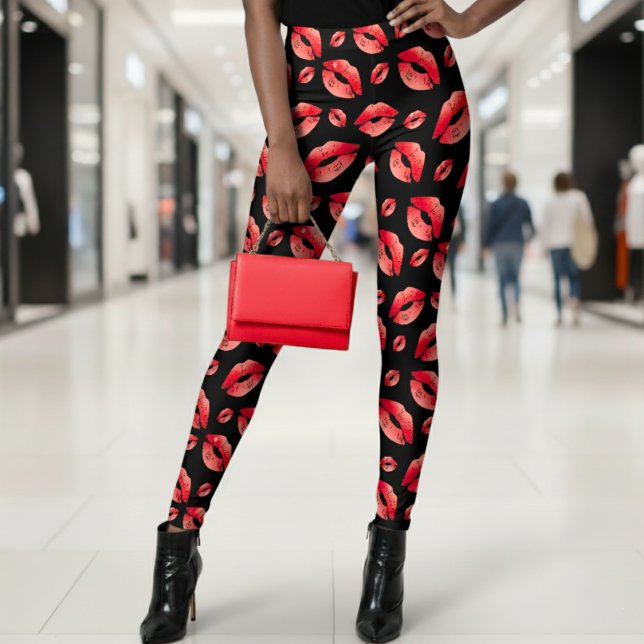 Rotes Lippenmuster Schwarz Leggings (Red Lips Pattern Black Leggings
)