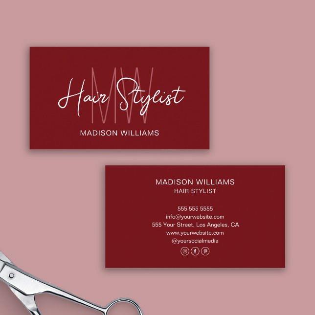 Rotes Logo für die Hyper-Stylist Visitenkarte (Hair Stylist Monogram Logo Red Business Card)