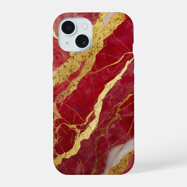 Rotes Marmormuster mit Gold iPhone 15 Hülle (Rückseite)
