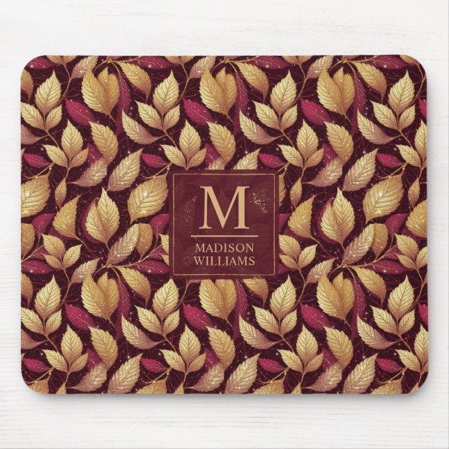 Rotes Marone Gold Glitter Herbstlaub Muster Mousepad (Vorne)