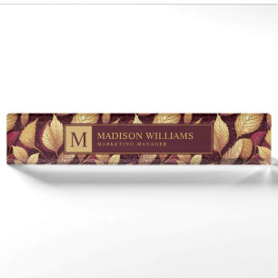 Rotes Marone Gold Glitter Herbstlaub Muster Namensplakette