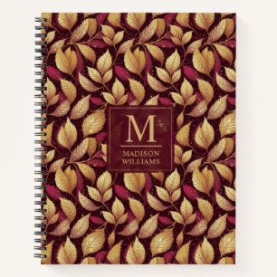 Rotes Marone Gold Glitter Herbstlaub Muster Notizbuch
