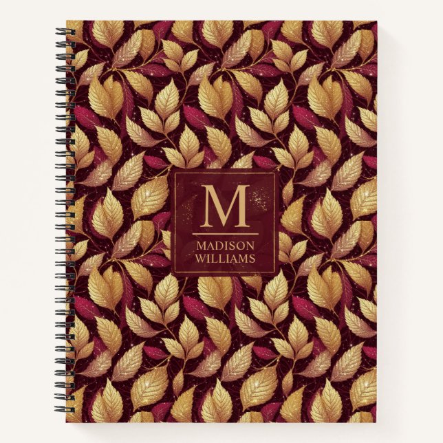 Rotes Marone Gold Glitter Herbstlaub Muster Notizbuch (Vorderseite)