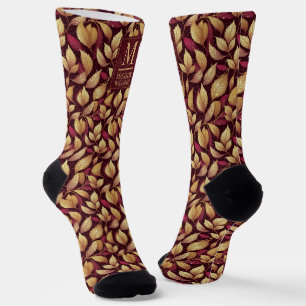 Rotes Marone Gold Glitter Herbstlaub Muster Socken