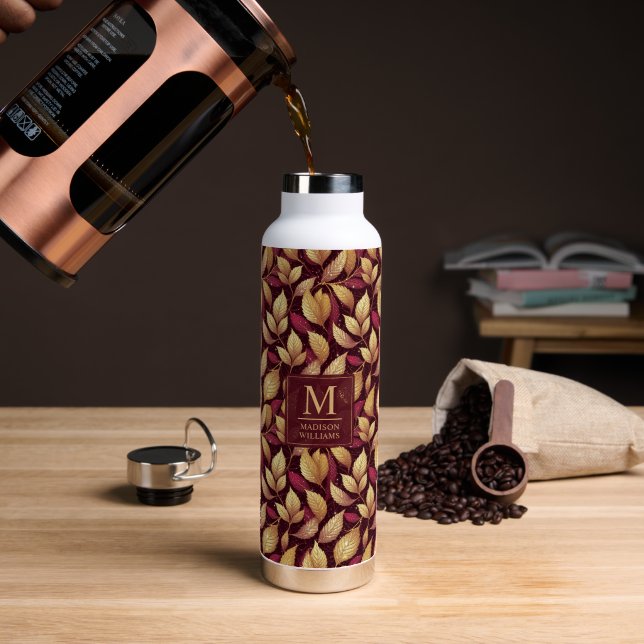 Rotes Marone Gold Glitter Herbstlaub Muster Trinkflasche (Kaffee (gedreht))
