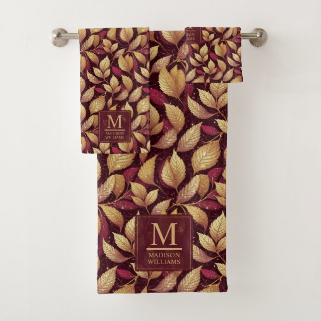 Rotes Maroon-Gold-Glitter-Herbstblätter-Muster Badhandtuch Set (Insitu)