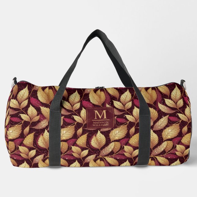 Rotes Maroon-Gold-Glitter-Herbstblätter-Muster Duffle Bag (Vorderseite)