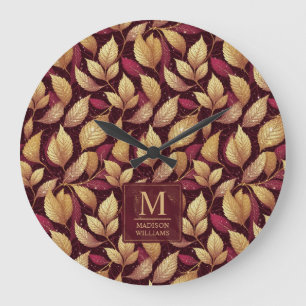 Rotes Maroon-Gold-Glitter-Herbstblätter-Muster Große Wanduhr