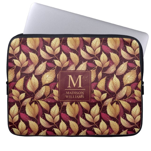 Rotes Maroon-Gold-Glitter-Herbstblätter-Muster Laptopschutzhülle (Vorderseite)