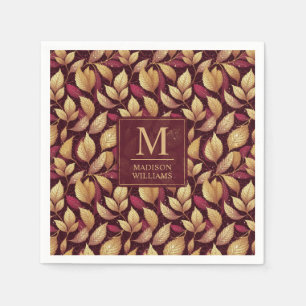 Rotes Maroon-Gold-Glitter-Herbstblätter-Muster Serviette