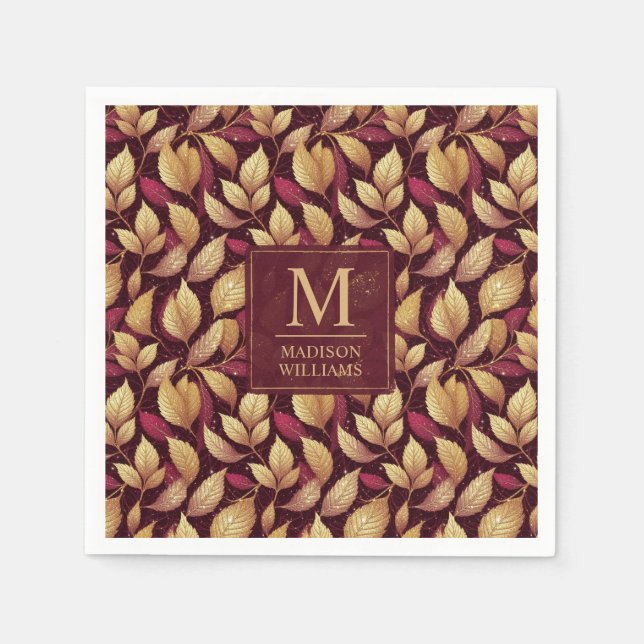 Rotes Maroon-Gold-Glitter-Herbstblätter-Muster Serviette (Vorderseite)