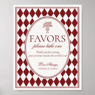Rotes Merlot-Harlekin-Karo-Hochzeitsgunst-Schild Poster