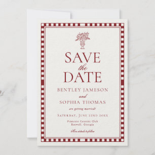 Rotes Merlot-Harlekin-Karo Save-the-Date Einladung