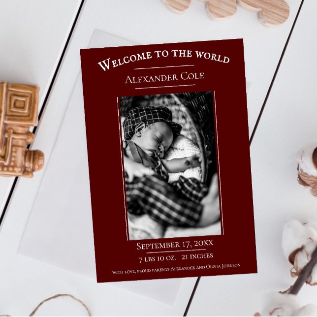 Rotes Minimalistisches Foto Geburtsankündigung Ankündigung (Red Minimalist Photo Birth Announcement)