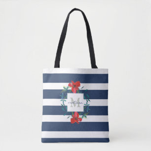 Rotes Mit Blumenblaues u. Weiß Stripes Monogramm