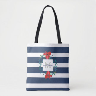 Rotes Mit Blumenblaues u. Weiß Stripes Monogramm