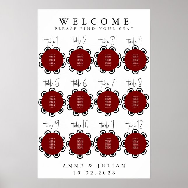 Rotes modernes minimalistisches Hochzeits-Sitzplan Poster (Vorne)