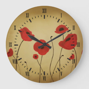 Rotes Mohnblumen-Blumen-Schwarz-römische Ziffern Große Wanduhr