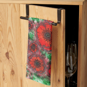 Rotes Mohnfeld Wasserfarbe Botanische Linienkunst Geschirrtuch