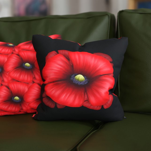 Rotes Mohnmuster-Blume-Muster Schwarzer Kissen (Pop a poppy pillow on your sofa! This red and black modern floral pillow is double sided.)