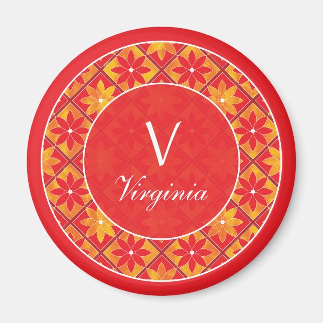 Rotes Monogram Decorative Blumenzapfel Magnet (Vorne)