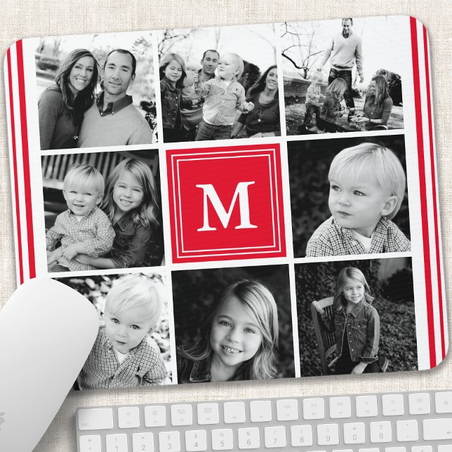 Rotes Monogramm-Familienfoto-Collage Mousepad (Von Creator hochgeladen)