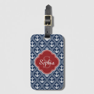 Rotes Monogramm für das blaue Anchor-Muster Gepäckanhänger