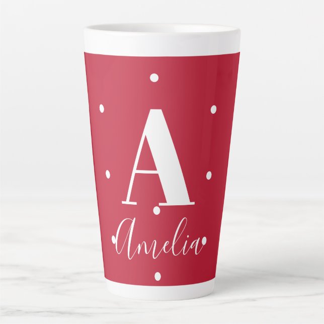 Rotes Monogramm Name Polka Dots Muster Milchtasse (Vorderseite)