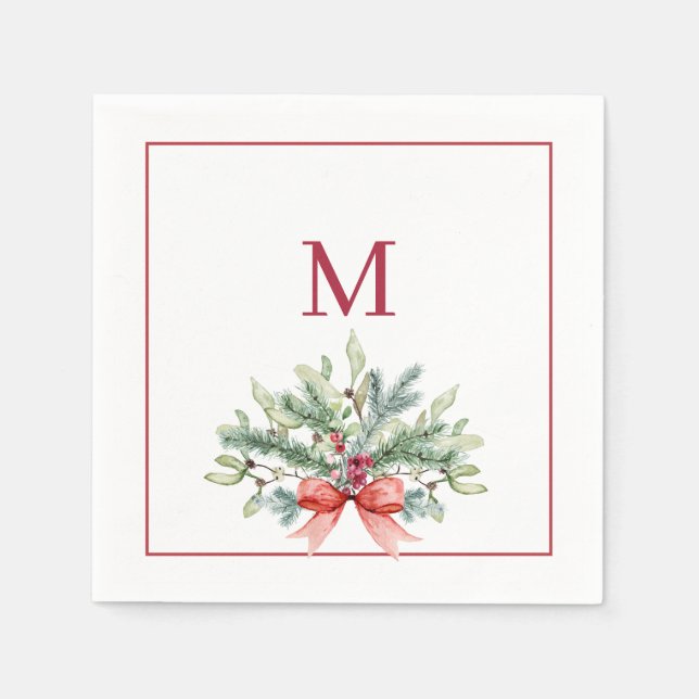 Rotes Monogramm Weihnachtsgrün Serviette (Vorderseite)