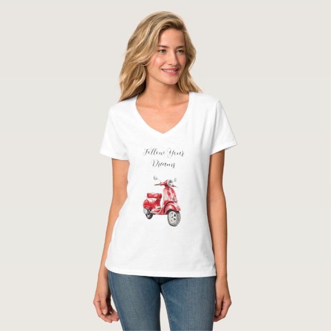 Rotes Moped folge Träumen T-Shirt (Vorderseite Vollansicht)