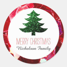 Rotes Mosaik Grünen Weihnachtsbaum Glitzern-Gesche Runder Aufkleber